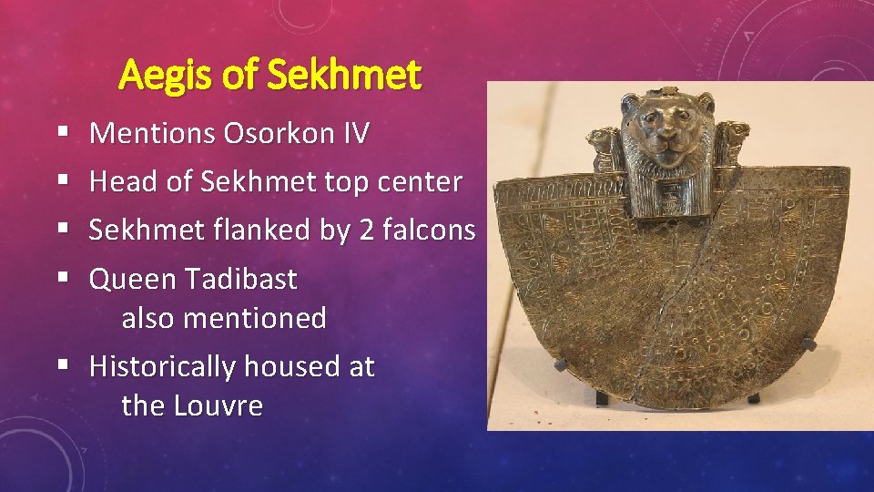 Aegis of Sekhmet Mentions Osorkon IV Head of Sekhmet top center Sekhmet flanked by