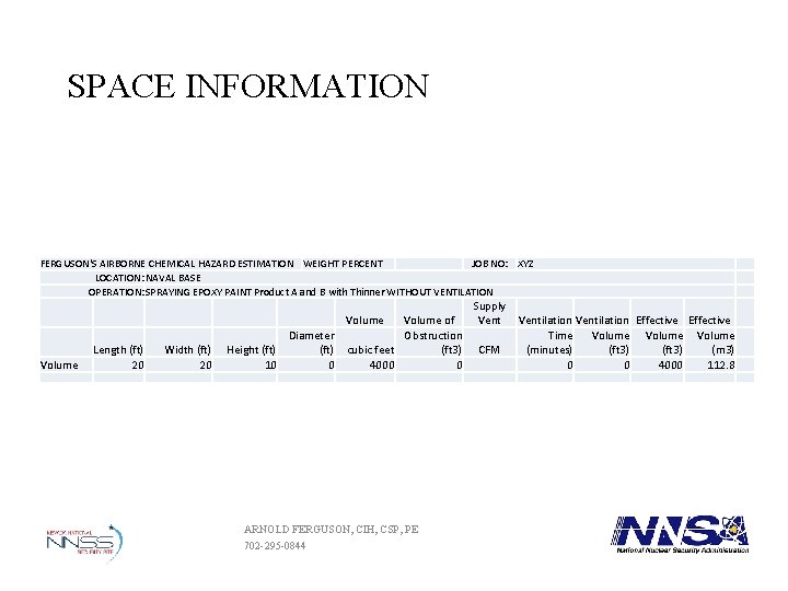 SPACE INFORMATION FERGUSON'S AIRBORNE CHEMICAL HAZARD ESTIMATION WEIGHT PERCENT JOB NO: XYZ LOCATION: NAVAL SPACE INFORMATION FERGUSON'S AIRBORNE CHEMICAL HAZARD ESTIMATION WEIGHT PERCENT JOB NO: XYZ LOCATION: NAVAL