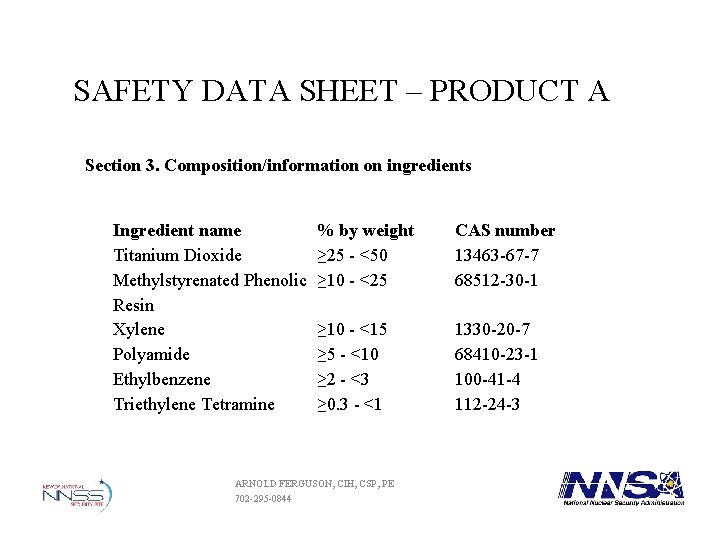 SAFETY DATA SHEET – PRODUCT A Section 3. Composition/information on ingredients Ingredient name Titanium SAFETY DATA SHEET – PRODUCT A Section 3. Composition/information on ingredients Ingredient name Titanium