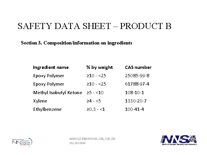 SAFETY DATA SHEET – PRODUCT B Section 3. Composition/information on ingredients Ingredient name % SAFETY DATA SHEET – PRODUCT B Section 3. Composition/information on ingredients Ingredient name %