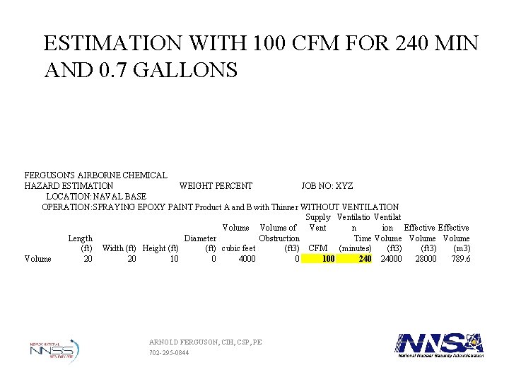 ESTIMATION WITH 100 CFM FOR 240 MIN AND 0. 7 GALLONS FERGUSON'S AIRBORNE CHEMICAL ESTIMATION WITH 100 CFM FOR 240 MIN AND 0. 7 GALLONS FERGUSON'S AIRBORNE CHEMICAL