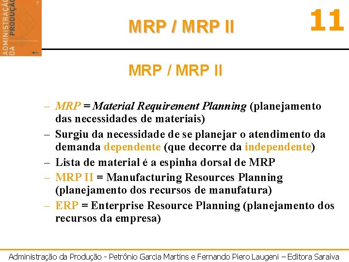 MRP / MRP II 11 MRP / MRP II – MRP = Material Requirement