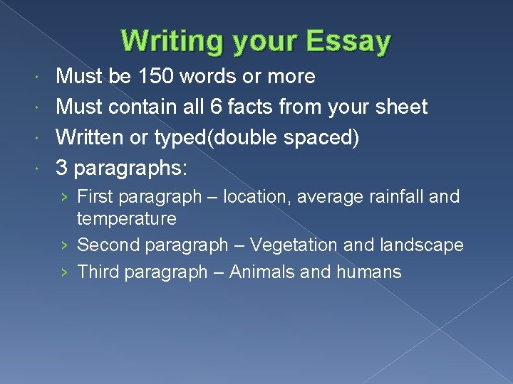 Writing your Essay Must be 150 words or more Must contain all 6 facts