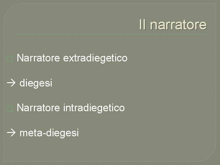 Il narratore � Narratore extradiegetico diegesi � Narratore intradiegetico meta-diegesi 