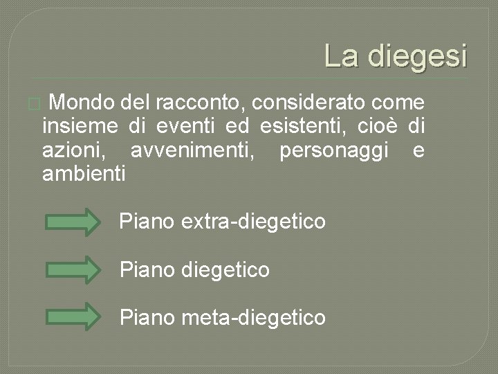 La diegesi � Mondo del racconto, considerato come insieme di eventi ed esistenti, cioè