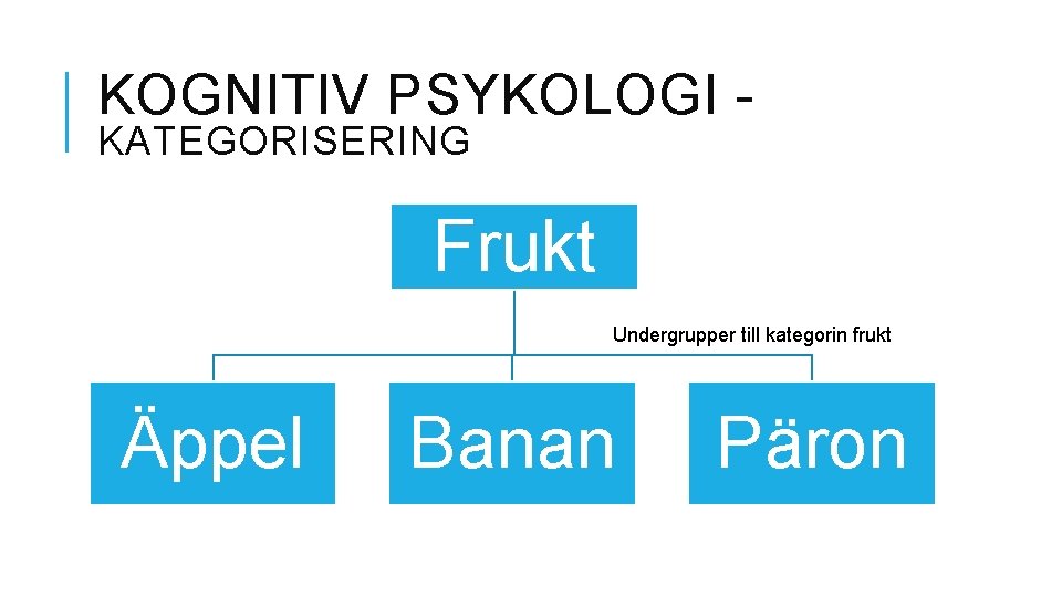 KOGNITIV PSYKOLOGI KATEGORISERING Frukt Undergrupper till kategorin frukt Äppel Banan Päron 