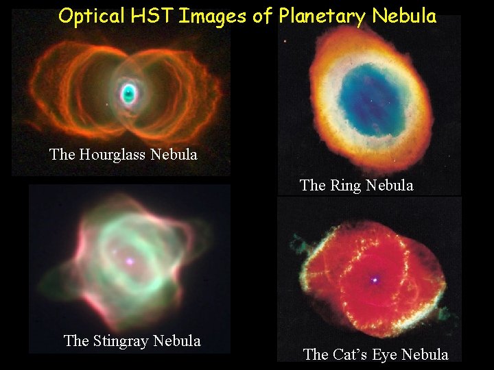 Optical HST Images of Planetary Nebula The Hourglass Nebula The Ring Nebula The Stingray