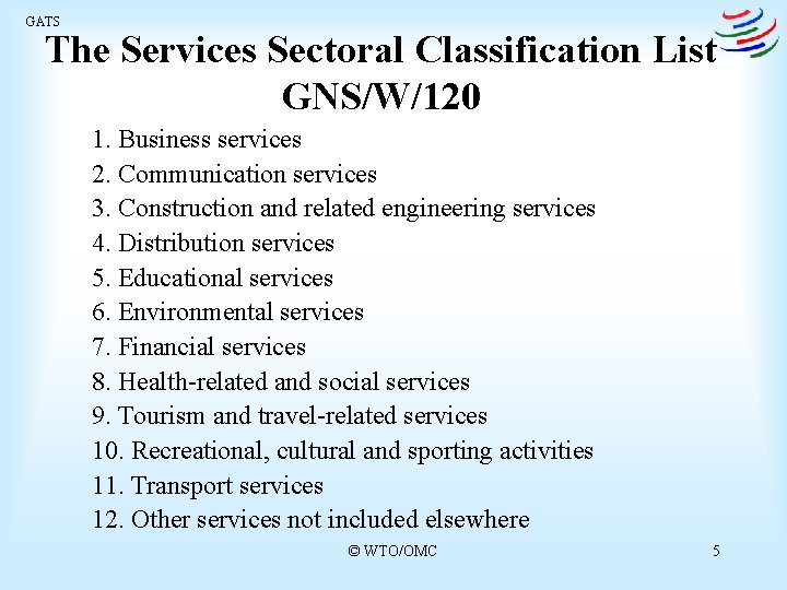 GATS The Services Sectoral Classification List GNS/W/120 1. Business services 2. Communication services 3.