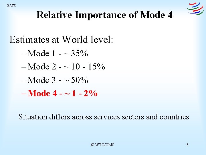 GATS Relative Importance of Mode 4 Estimates at World level: – Mode 1 -