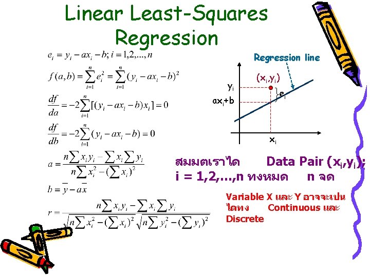 Linear Least-Squares Regression line yi (xi, yi) ei axi+b xi สมมตเราได Data Pair (xi,