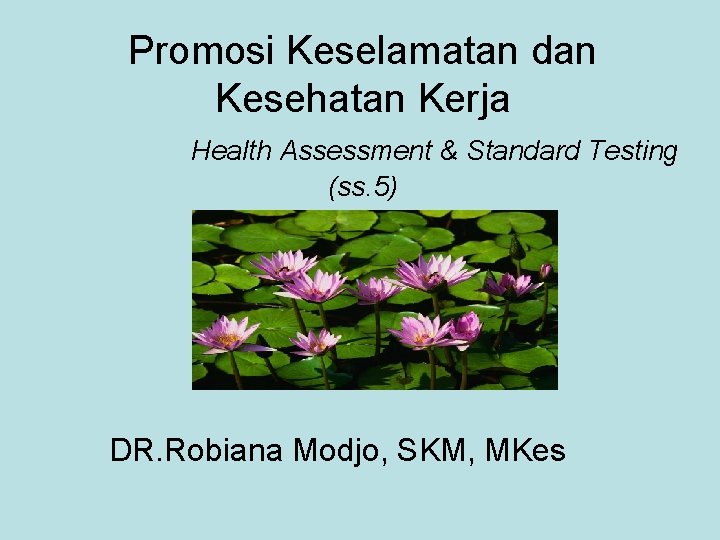 Promosi Keselamatan dan Kesehatan Kerja Health Assessment & Standard Testing (ss. 5) DR. Robiana