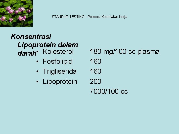 STANDAR TESTING - Promosi Kesehatan Kerja Konsentrasi Lipoprotein dalam darah • Kolesterol • Fosfolipid