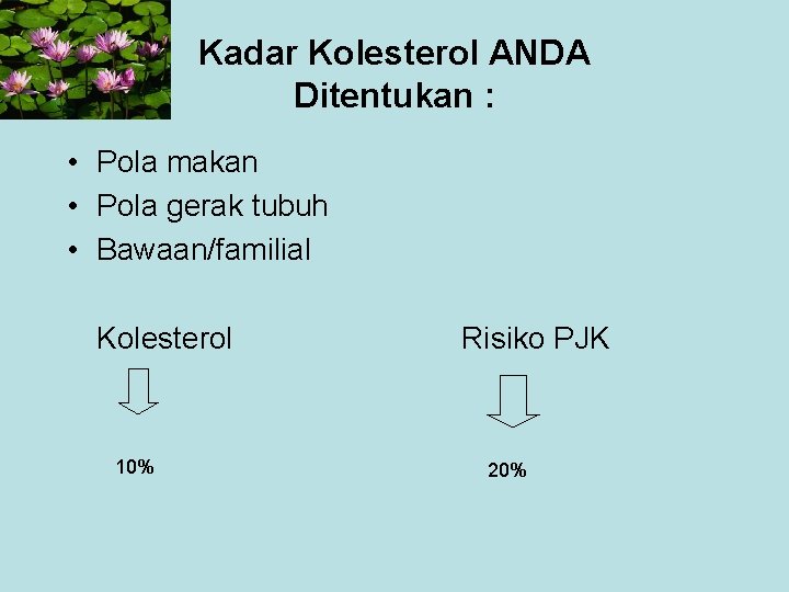 Kadar Kolesterol ANDA Ditentukan : • Pola makan • Pola gerak tubuh • Bawaan/familial