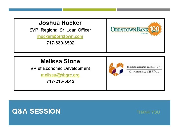 Joshua Hocker SVP, Regional Sr. Loan Officer jhocker@orrstown. com 717 -530 -3902 Melissa Stone