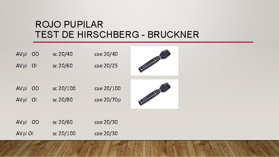 ROJO PUPILAR TEST DE HIRSCHBERG - BRUCKNER AVpl OD sc 20/40 cae 20/40 AVpl