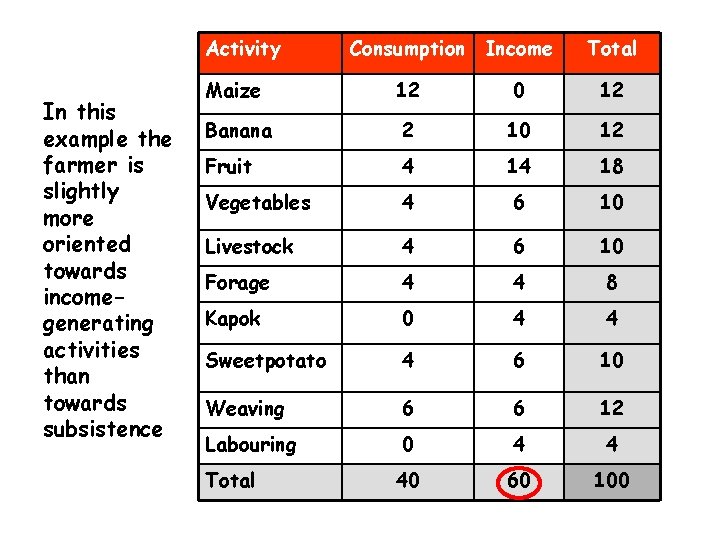 Activity In this example the farmer is slightly more oriented towards incomegenerating activities than