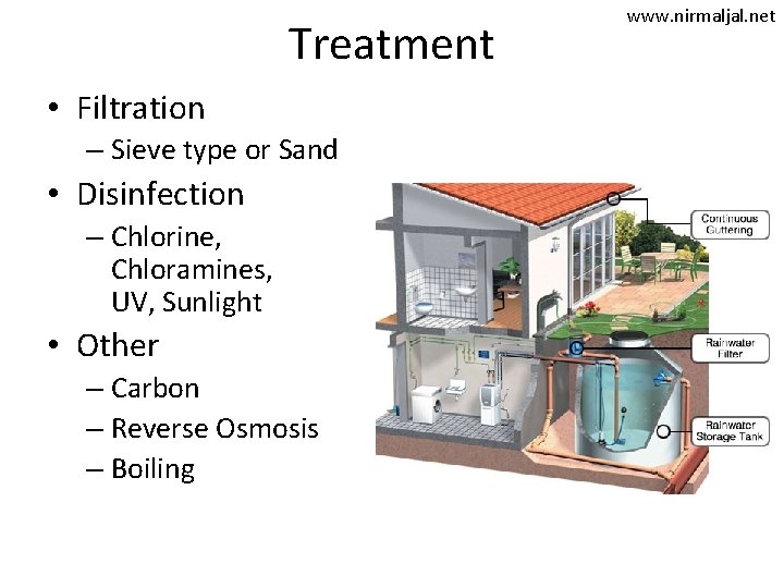 Treatment • Filtration – Sieve type or Sand • Disinfection – Chlorine, Chloramines, UV,