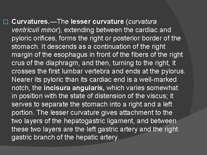 � Curvatures. —The lesser curvature (curvatura ventriculi minor), extending between the cardiac and pyloric