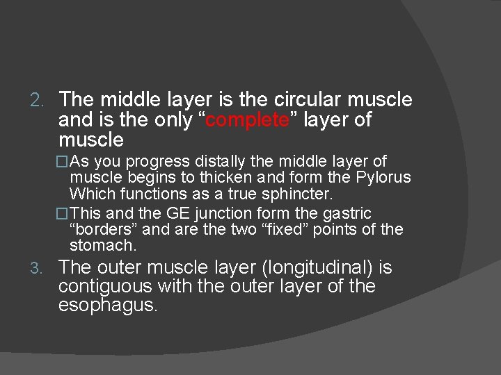 2. The middle layer is the circular muscle and is the only “complete” layer