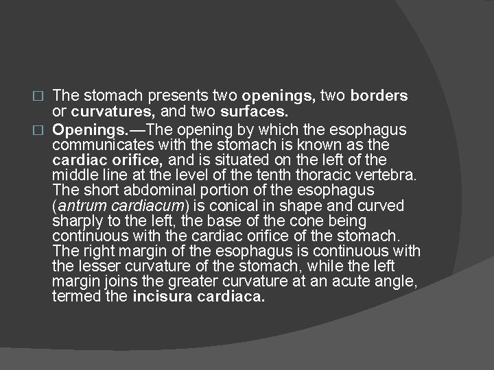 The stomach presents two openings, two borders or curvatures, and two surfaces. � Openings.