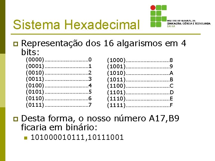 Sistema Hexadecimal p Representação dos 16 algarismos em 4 bits: (0000)…………… 0 (0001)…………… 1