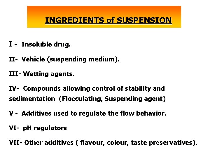 INGREDIENTS of SUSPENSION I - Insoluble drug. II- Vehicle (suspending medium). III- Wetting agents.