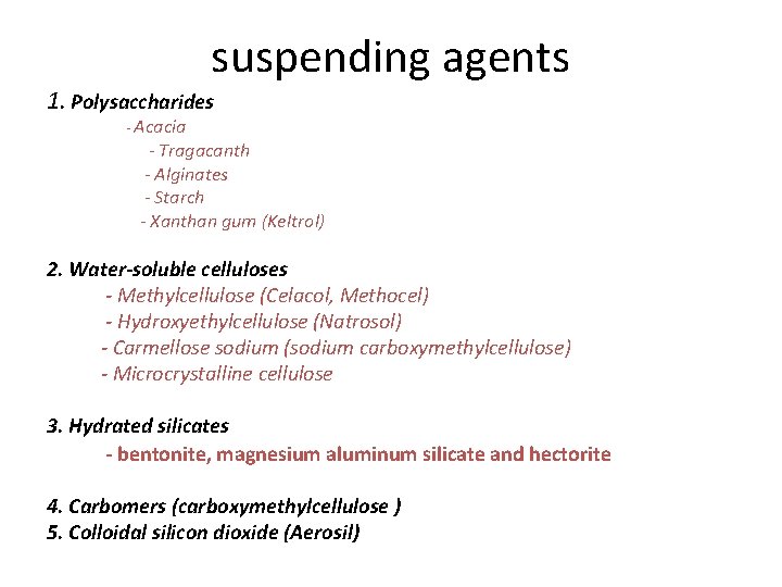 suspending agents 1. Polysaccharides - Acacia - Tragacanth - Alginates - Starch - Xanthan