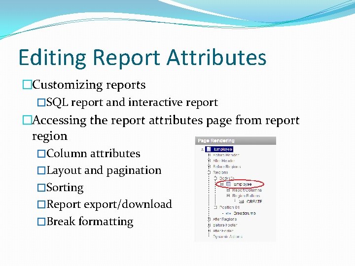 Editing Report Attributes �Customizing reports �SQL report and interactive report �Accessing the report attributes