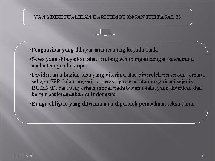 YANG DIKECUALIKAN DARI PEMOTONGAN PPH PASAL 23 • Penghasilan yang dibayar atau terutang kepada