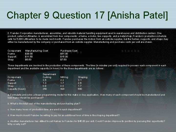 Chapter 9 Question 17 [Anisha Patel] 2. Frandec Corporation manufactures, assembles, and rebuilds material