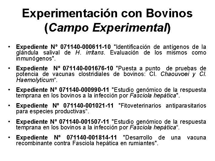 Experimentación con Bovinos (Campo Experimental) • Expediente Nº 071140 -000611 -10 "Identificación de antígenos