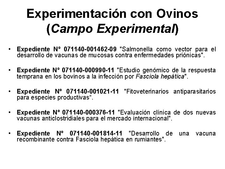 Experimentación con Ovinos (Campo Experimental) • Expediente Nº 071140 -001462 -09 "Salmonella como vector