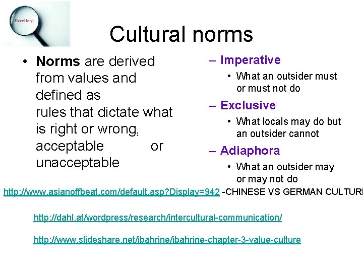 Cultural norms • Norms are derived from values and defined as rules that dictate Cultural norms • Norms are derived from values and defined as rules that dictate