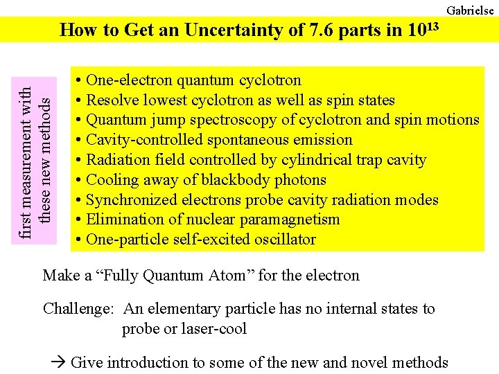 Gabrielse first measurement with these new methods How to Get an Uncertainty of 7. Gabrielse first measurement with these new methods How to Get an Uncertainty of 7.
