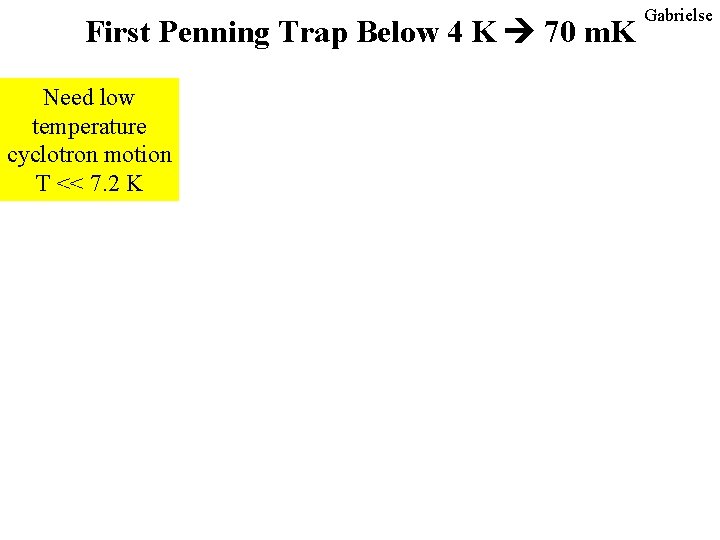 First Penning Trap Below 4 K 70 m. K Need low temperature cyclotron motion First Penning Trap Below 4 K 70 m. K Need low temperature cyclotron motion