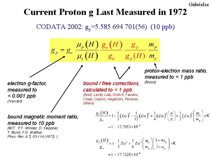 Current Proton g Last Measured in 1972 Gabrielse CODATA 2002: gp=5. 585 694 701(56) Current Proton g Last Measured in 1972 Gabrielse CODATA 2002: gp=5. 585 694 701(56)