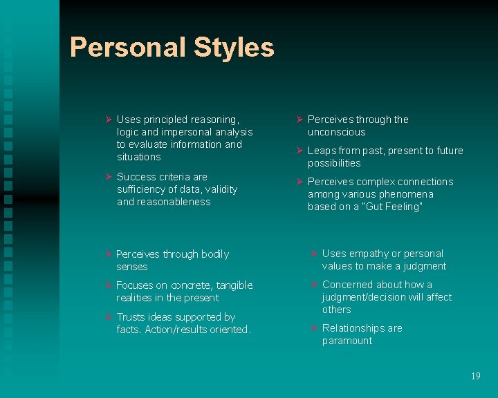 Personal Styles Ø Uses principled reasoning, logic and impersonal analysis to evaluate information and Personal Styles Ø Uses principled reasoning, logic and impersonal analysis to evaluate information and