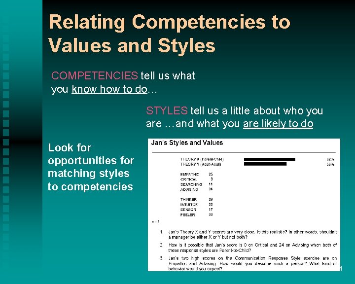 Relating Competencies to Values and Styles COMPETENCIES tell us what you know how to Relating Competencies to Values and Styles COMPETENCIES tell us what you know how to