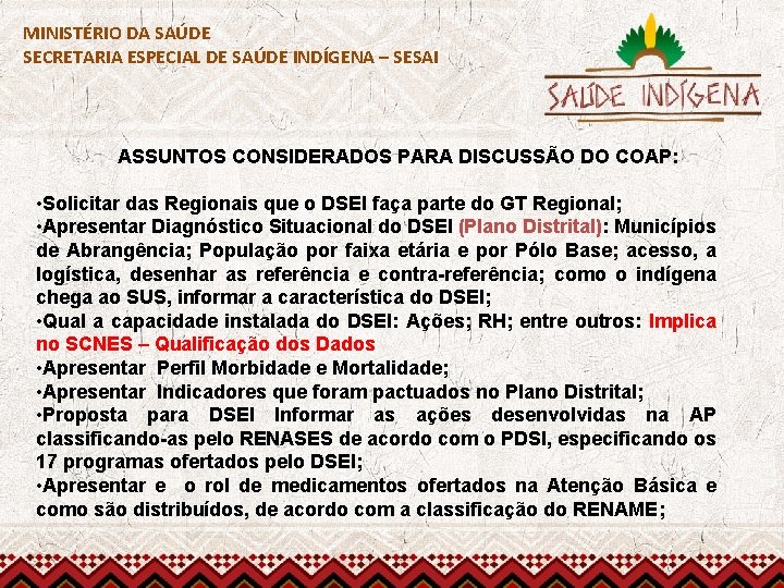 MINISTÉRIO DA SAÚDE SECRETARIA ESPECIAL DE SAÚDE INDÍGENA – SESAI ASSUNTOS CONSIDERADOS PARA DISCUSSÃO