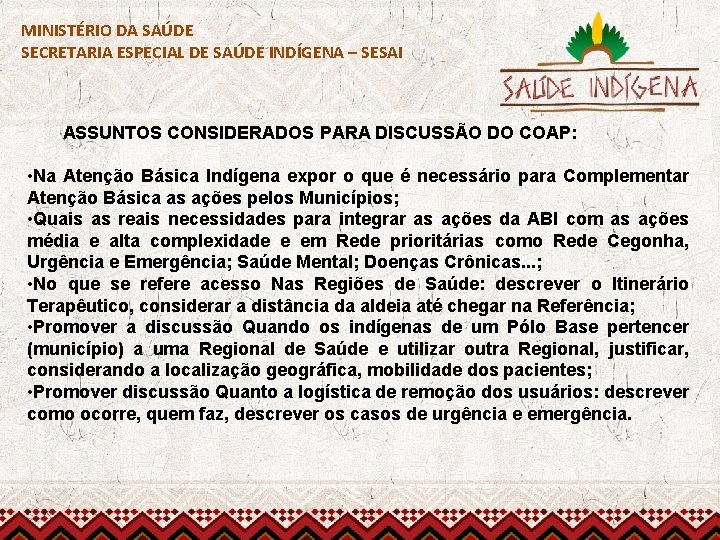 MINISTÉRIO DA SAÚDE SECRETARIA ESPECIAL DE SAÚDE INDÍGENA – SESAI ASSUNTOS CONSIDERADOS PARA DISCUSSÃO