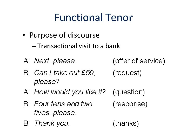 Functional Tenor • Purpose of discourse – Transactional visit to a bank A: Next,