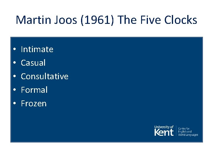 Martin Joos (1961) The Five Clocks • • • Intimate Casual Consultative Formal Frozen