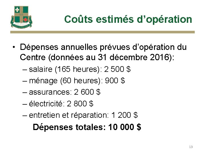 Coûts estimés d’opération • Dépenses annuelles prévues d’opération du Centre (données au 31 décembre