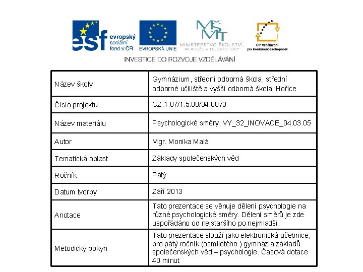 Název školy Gymnázium, střední odborná škola, střední odborné učiliště a vyšší odborná škola, Hořice