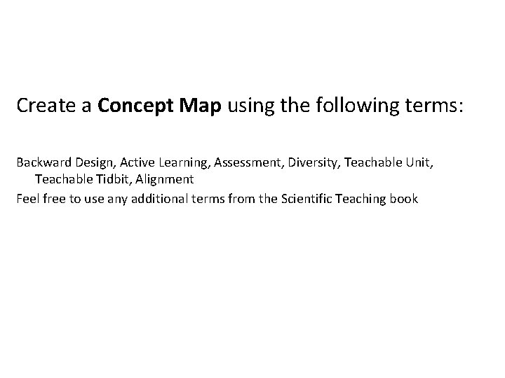Create a Concept Map using the following terms: Backward Design, Active Learning, Assessment, Diversity,