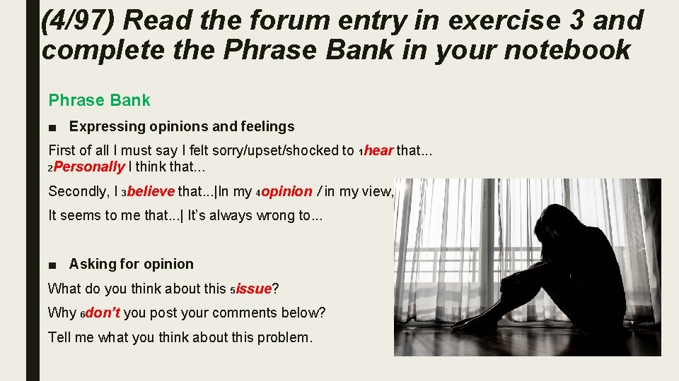 (4/97) Read the forum entry in exercise 3 and complete the Phrase Bank in
