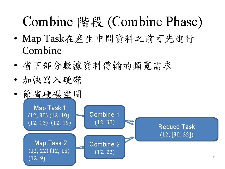 Combine 階段 (Combine Phase) • Map Task在產生中間資料之前可先進行 Combine • 省下部分數據資料傳輸的頻寬需求 • 加快寫入硬碟 • 節省硬碟空間