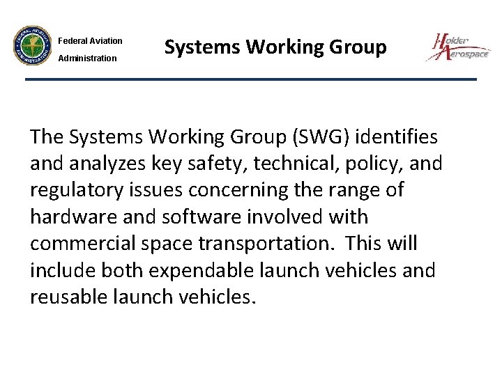 Federal Aviation Administration Systems Working Group The Systems Working Group (SWG) identifies and analyzes