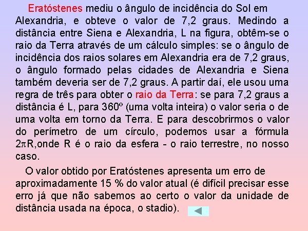 Eratóstenes mediu o ângulo de incidência do Sol em Alexandria, e obteve o valor