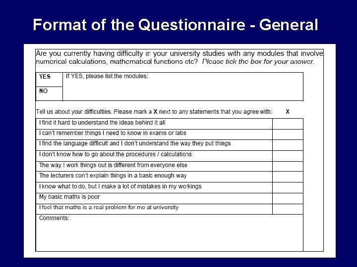 Format of the Questionnaire - General 